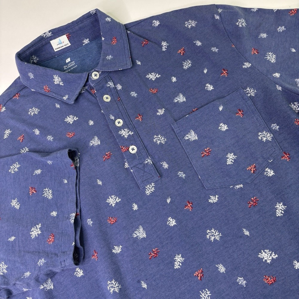 Johnnie-O Hangin' Out Men's Size Large Blue All Over Coral Print Polo Shirt‎